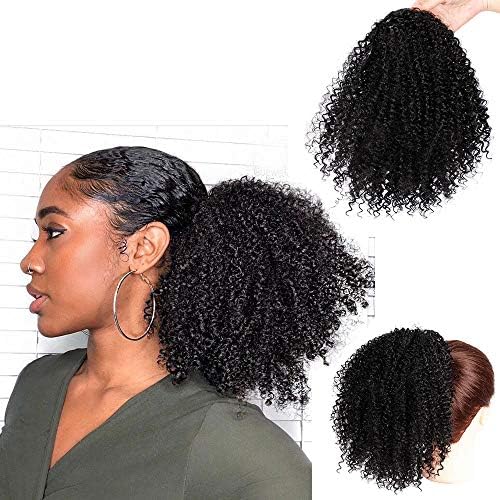 MaxFox Black Women Fluffy Curly Ponytail Wig Natural Looking Synthetic Afro Kinky Hair Extension Big Puff Full Head Wave Drawstring Wigs (Black)