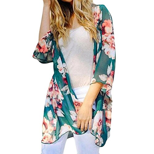 Tootu Women Chiffon Loose Shawl Print Kimono Cardigan Top Cover Up Blouse Beachwear (M, I)