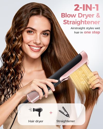 2 in 1 Air Hair Straightener and Dryer – Dry and Wet Hair Irons, No Heating Plate/No Heat Damage, 110,000 RPM Brushless Motor, 4 Temperatures and 3 Speeds, 1300W