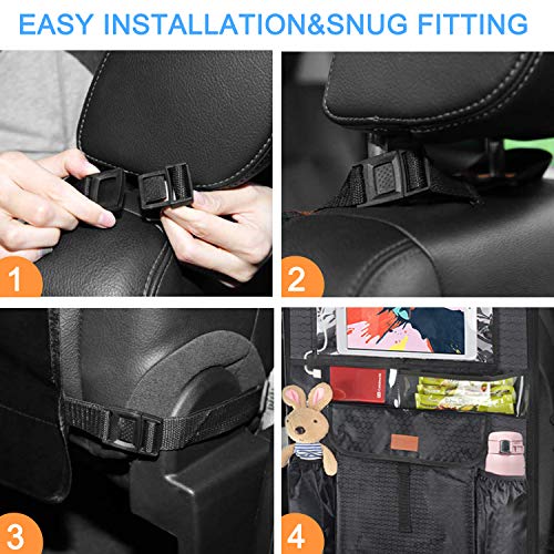Backseat Car Organizer Kick Mats with 4pcs Headrest Hooks Hangers, Waterproof Car Seat Back Protectors with Large Storage Pockets 12" Touch Screen Tablet Holder Great Travel Accessories (2 Pack)
