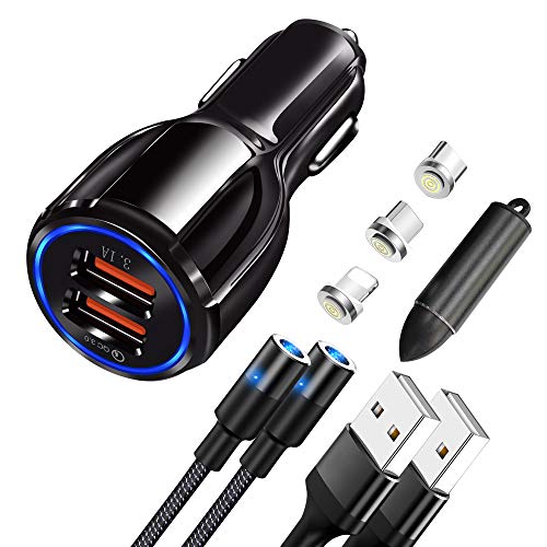 2020 Ultimate car Cell Phone Charging Bundle Magnetic Charge Cable by Wuteku. QC3 USB Charger, 2X 3.3ft Nylon Braided Cord Support Data Transfer, Super Fast 3.A. 3in1 Magnet, Micro, Type-C, iProd