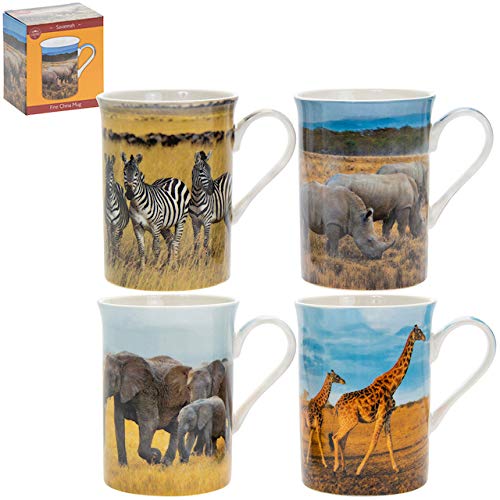 The Leonardo Collection Set of 4 China Mugs - Savannah Design Featuring Zebra, Rhinoceros, Elephant and Giraffe - 10cm x 7cm x 7cm