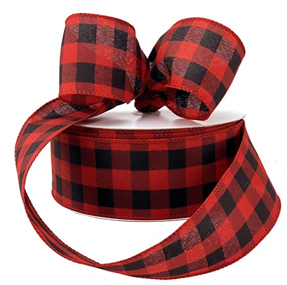 10m x 2.5” (63mm) Roll Wire Wired Edged Edge Christmas Ribbon Tree Tinsel Wreath Gift Bows. from a UK Specialist Company (Black and Red Buffalo Plaid Check) — image 1