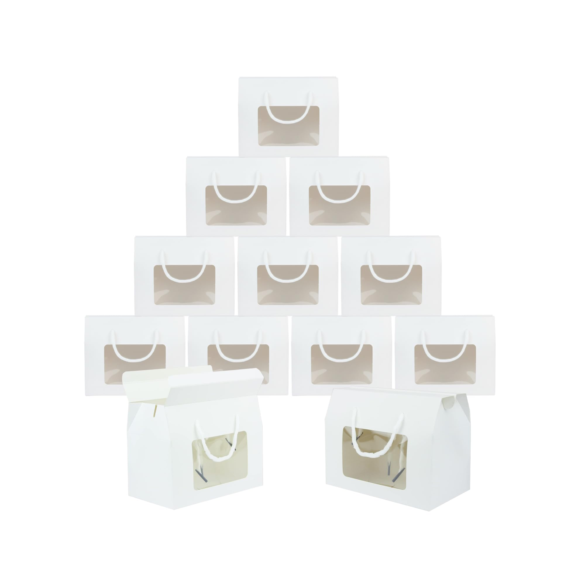 Emartbuy White Kraft Gift Boxes with Clear Window & Handle – Size 1 (15 × 11 × 9 cm) – Eco Friendly Bakery & Favour Boxes for Cupcakes & Sweets – Pack of 24