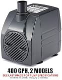 PonicsPumps Submersible Pump with for Hydroponics, Aquaponics, Fountains, Ponds, Statuary, Aquariums & More. Comes with 1 Year Limited Warranty. (400 GPH : 16' Cord)