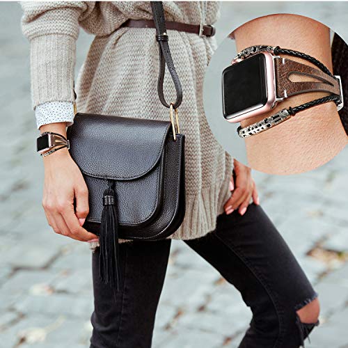 Secbolt Leather Bands Compatible Apple Watch Band Series 4 44mm, Series 3/2/1 42mm, Double Twist Handmade Vintage Natural Leather Bracelet Replacement Bracelet Straps Women (Brown Gray (42mm&44mm))