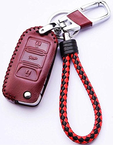 Wine Red Leather Cover Etui Shell for Volkswagen VW Skoda Seat 3-Button Keyless Entry Remote Flip Car Key Fob Holder Protective Case Bag with Braided Key Chain & Key Rings Auto Accessories Gifts