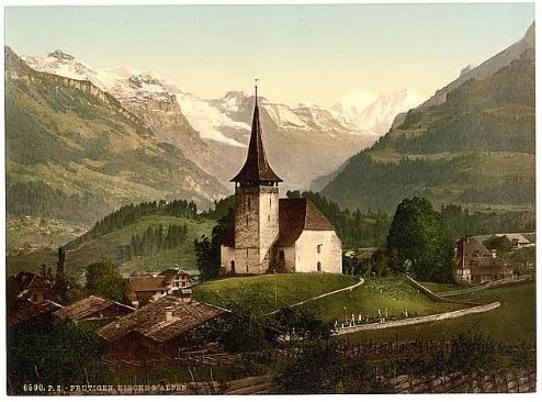 Photographs - 1890 Photo Frutigen, church and Alps, Bernese Oberland, Switzerland