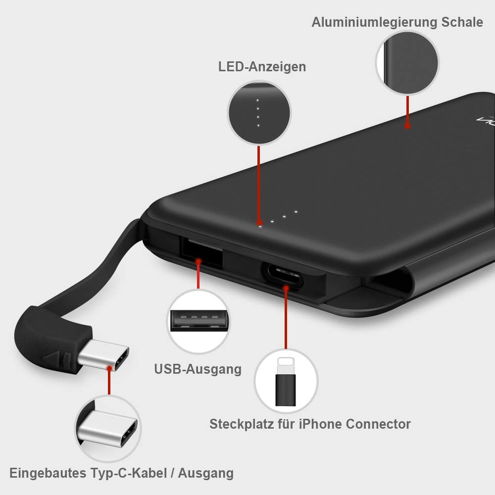 MOXNICE Fast Charging 10000mAh Power Bank - Slim Portable Charger with Built-in Type-c Cable, External Battery Charger Pack for iPhone Android Samsung（S8/S9 Galaxy Huawei iPad Tablet(Black)