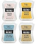 TROPICAL GETAWAY Bundle - 4 Items: At The Beach, Coastal Sunset, Sea Salt & Cotton, and Seaside Mimosa WoodWick .8oz Mini Wax Melts