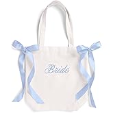 xo, Fetti White Bride Canvas Tote Bag, Blue Satin Bows | Bachelorette Party Decorations, Bride To Be Purse Accessory, Bridesmaid Gift, Bridal Shower Supplies, Engagement Party Favor