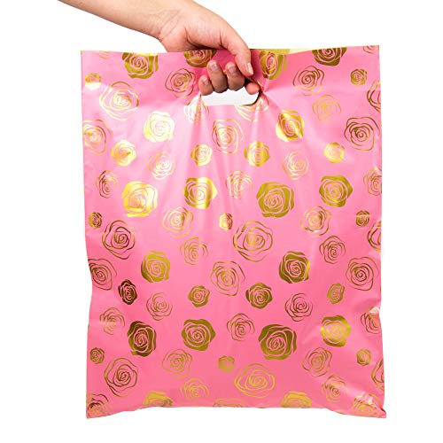Merchandise Bags 15x18 - Gold Roses Print - 100 Pack - Glossy Retail Bags - Shopping Bags for Boutique - Boutique Bags - Plastic Shopping Bags - Thumbnail 3