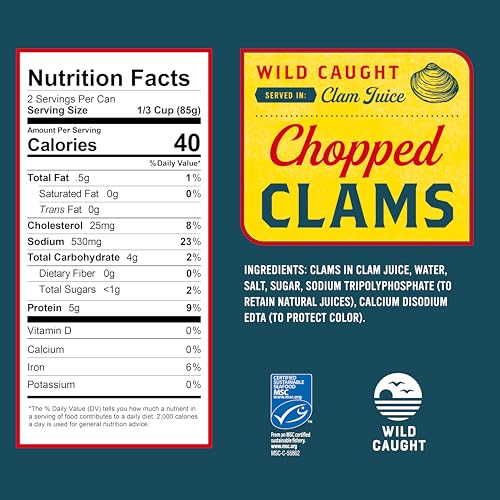 SNOW’S WILD CAUGHT CHOPPED CLAMS CANNED, 6.5 OZ CAN – 5G PROTEIN PER SERVING – GLUTEN FREE, KETO FRIENDLY, 99% FAT FREE