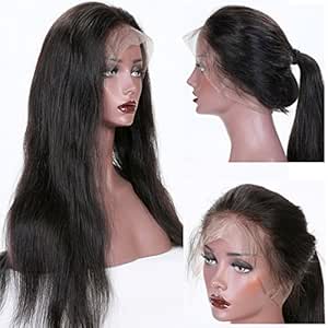 KUN Hair 360 Lace Wigs Natural Straight Brazilian Virgin Human Hair Wigs with Pre Plucked Natural Hairline, Slightly Bleached Knots 150% Density Wigs with Baby Hair for Women Natural Color 16 Inches