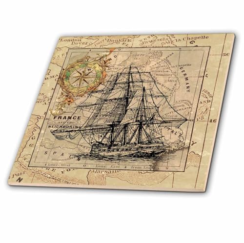 3dRose Black Ghost Ship On Vintage European Map 8 Inch Ceramic Tile
