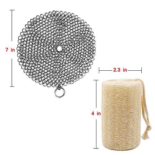 Cast Iron Cleaner&Natural Loofah, Danlit 7"x7" Stainless Steel 316L Chainmail Scrubber&Cookware Cleaner, for Pan Pre-Seasoned, Dutch Ovens, Cookie Sheet, Tortilla Press, Hibachi, Cornbread, Pie Pan