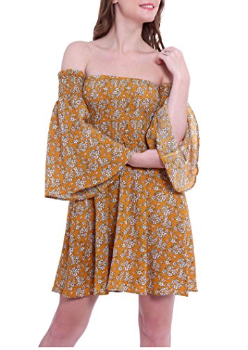 NANFANGLI Women Summer Dress Off Shoulder Fit Comfy Floral Casual Dresses (L, Yellow)