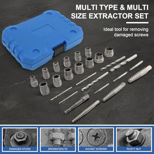 26 Pieces Anti-Theft Screw Nut Extractor Set, Chrome Steel with Hex Adapter, Broken Bolt Extractor for Removing Bolts, Nuts and Screws