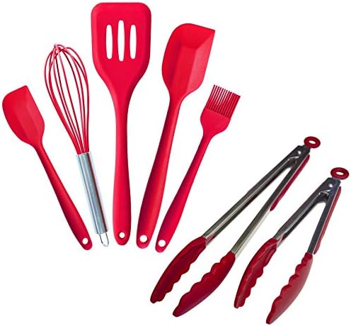 StarPack Value Bundle 0007-5-Pc Silicone Kitchen Utensils (10.6") and 2-Pc Silicone Kitchen Tongs (9"& 12") - Cherry Red