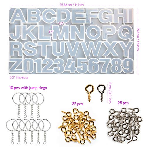LotFancy Alphabet Molds for Resin Casting, 73pcs Keychain Epoxy Molds and Tools Set, Backwards Letter Number Silicone Mold, DIY Craft Pendant Making, with Glitter Sequins, Screw Eye Pins, Key Rings