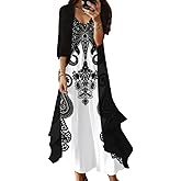Women’s 2 Piece Set Boho Floral Print Sleeveless Maxi Dress with Flowy Chiffon Cardigan Dressy Casual Loose Dresses