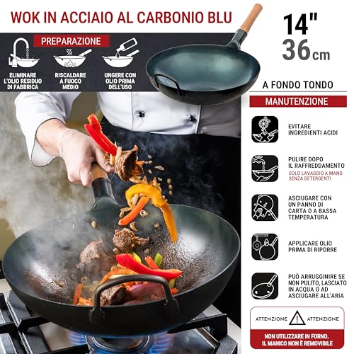 YOSUKATA Professional Wok Pan 36 cm – Traditional Wok Round Bottom in Preconditioned Carbon Steel – Original Chinese Wok – Large Wok – Gas and Open Fire Compatible (Blue)
