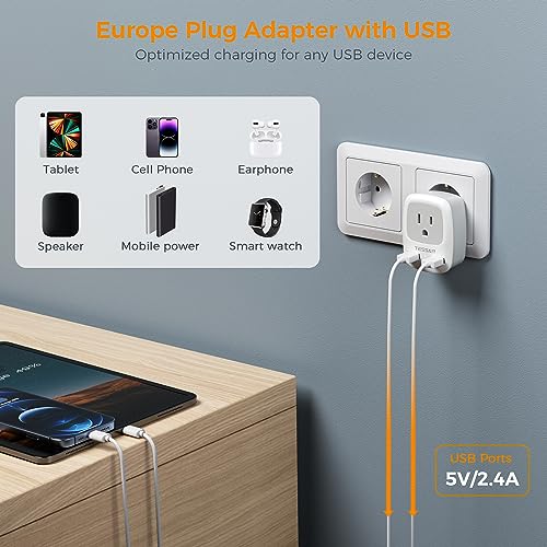 TESSAN European Travel Plug Adapter, Europe Power Adaptor with 2 USB Ports, International Type C Outlet Charger for US to Most of EU Iceland Spain Italy France Germany