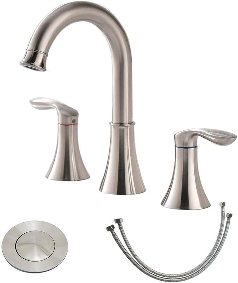 Friho Lead-Free Commercial Two Handle Three-Hole Brushed Nickel Widespread Bathroom Faucet,Bathroom Vanity Sink Faucets with Drain Stopper and Water Hoses