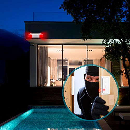 Wireless Outdoor Solar Powered Burglar Home Security Alarm Siren, Waterproof RV Alarm DIY Driveway Alert System with 2 Motion Detector, 1 Door Sensors and Remote Controls