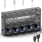 LZSIG Mini Audio Mixer, Ultra Low-Noise, 4-Channel, 4 IN 1 OUT | Stereo Line Mixer for Sub-Mixing, 1/4" &amp; 1/8" TS &amp; TRS Output and Input for Electronic Drum, Guitars, Bass, Keyboards