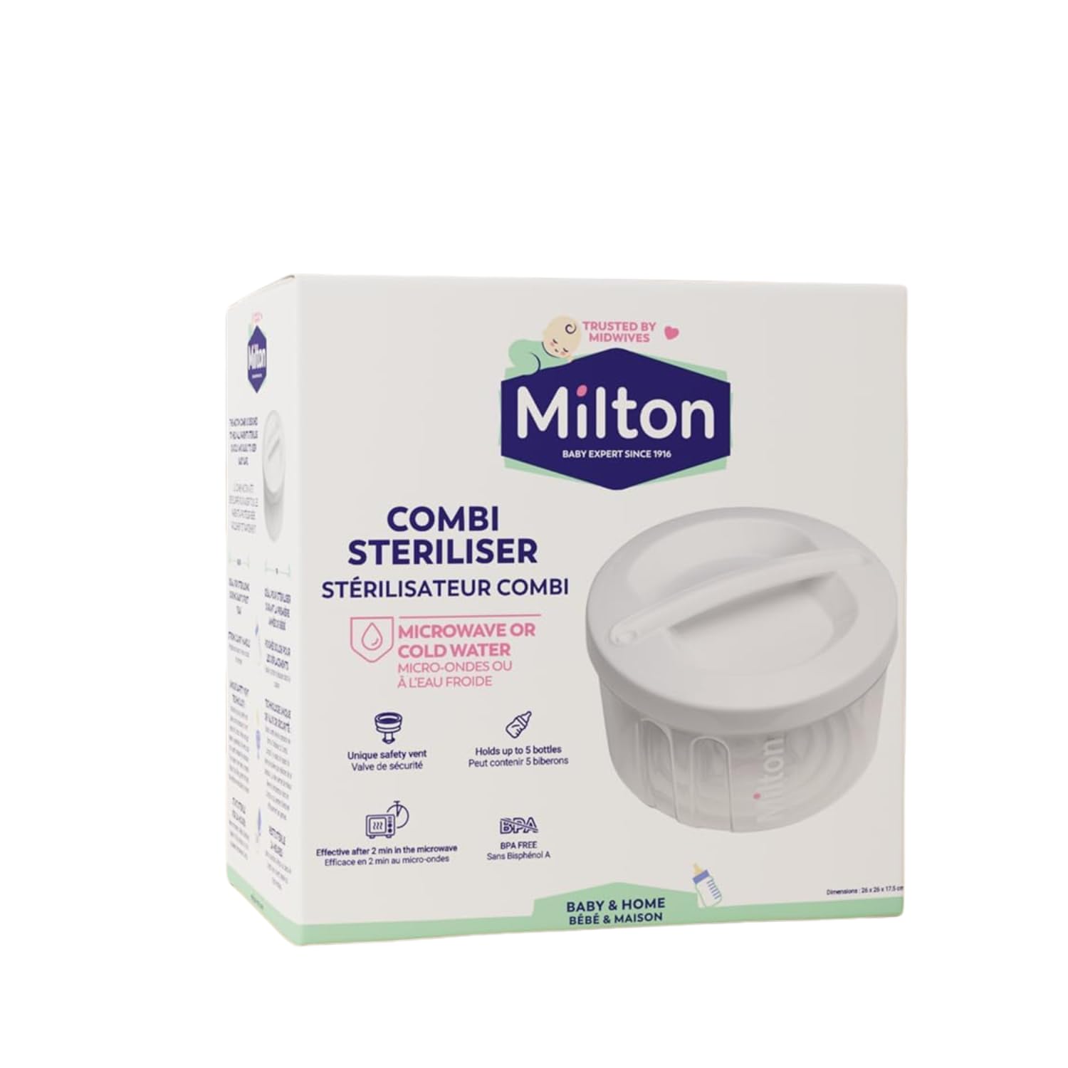MILTON Combi Microwave Or Cold Water Steriliser, 24 hour Sterilisation, Fits Five Wide Neck Bottles of Any Brand, Fits Most Microwaves, 5 litre Capacity, Kills 99.9% of Germs