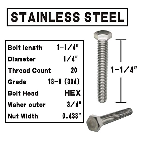 (10 Sets) 1/4-20x1-1/4" Stainless Steel Hex Head Screws Bolts, Nuts, Flat & Lock Washers, 18-8 (304) S/S, Fully Threaded by Bolt Fullerkreg