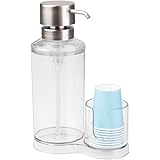 InterDesign Clarity Mouthwash Dispenser - Pump Caddy and Paper Cup Holder, Clear/Brushed