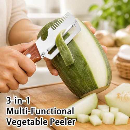 2 Pieces Multifunctional Vegetable Peeler for Kitchen, 3-in-1 Peeler with Wooden Handle, Stainless Steel Blade and Bottle Opener, Zero Flex Kitchen Utensil for Fruit and Vegetables