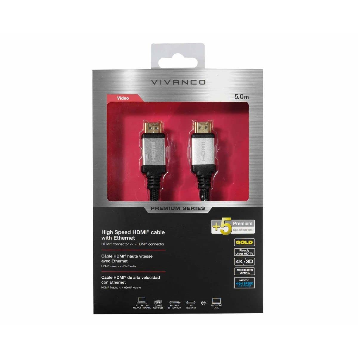 Vivanco 42203 HDMI Cable 5 m HDMI Type A (Standard) Black – HDMI Cables (5 m, HDMI Type A (Standard), HDMI Type A (Standard), 3840 x 2160 Pixels, 3D, Black)