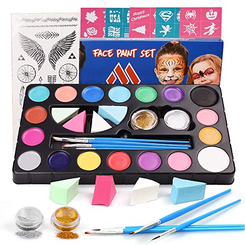Miserwe Safe Non-Toxic Face Painting Kit-18 Colors,40 Stencils,1 Silver Sticker,2 Glitter Powder,4 Brushes, 4 Sponge Kit Professional Washable Body & Face Painting Kits for Kids Adult