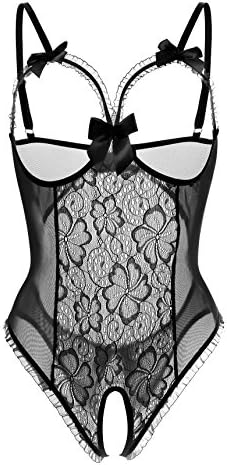 Womens Lingerie Bodysuit Lace Teddy Set With Mini Bow Plus Size (US S/Tag M, Black)