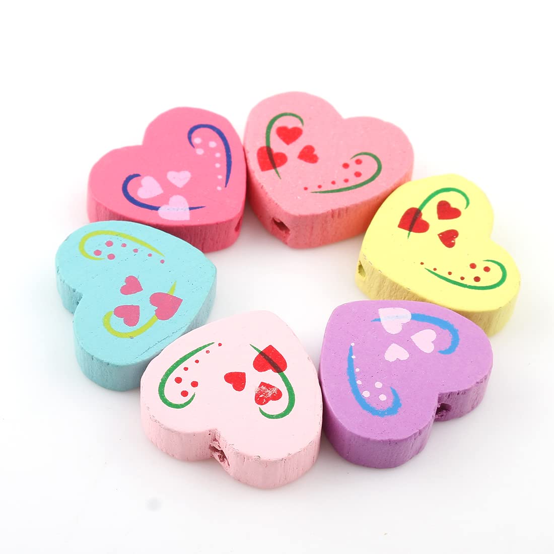 Wooden Beads for Threading 20 Pieces Motif Colourful Beads Set for DIY Bracelets Jewellery Necklaces Mixed Colour (Heart 18 mm x 16 mm)