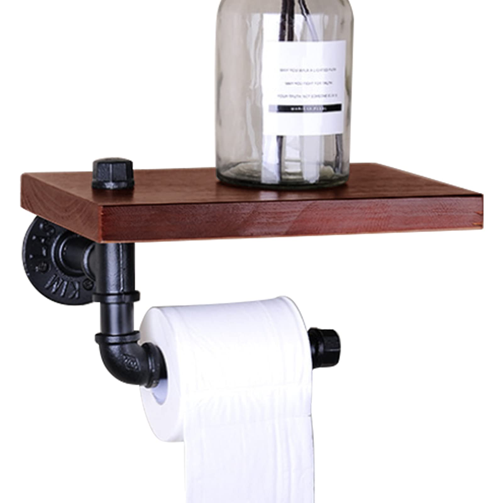 [LOSCHEN] Wall Mounted Toilet Paper Holder,Industrial Pipe Toilet Roll Holder with wood Shelf, Vintage Bathroom Accessories (Dark Wood)