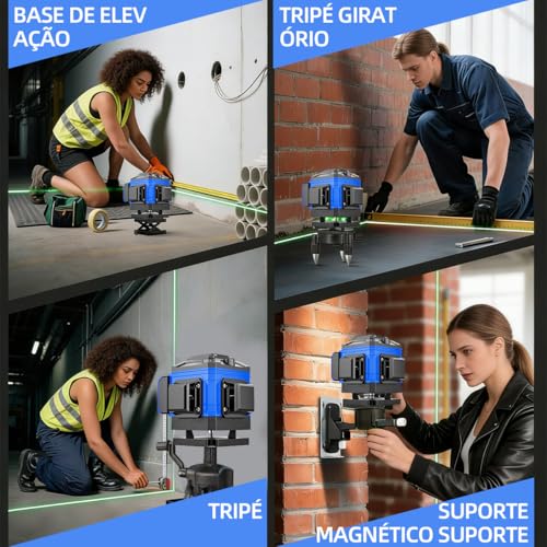 Nível a Laser 12 Linhas Verde Autonivelante 360°, Kit Completo com Tripé e Baterias para Construção e Reformas (Azul)