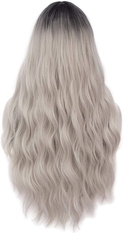 Mildiso Light Grey Wigs for Women Long Black Rooted Ombre Hair Wig Pastel Curly Wavy Heat Resistant Synthetic Wigs for Daily Party Cosplay Halloween M052LGY