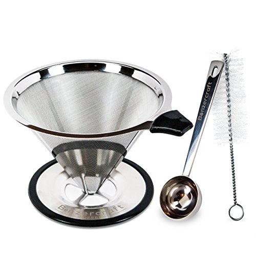 Bonzercraft Pour Over Coffee Cone Dripper - Stainless Steel Coffee Maker - Double Mesh Reusable Filter - Single Cup Coffee Brewer - Spoon And Brush - No Need For Paper Filters - Paperless Cup Drip