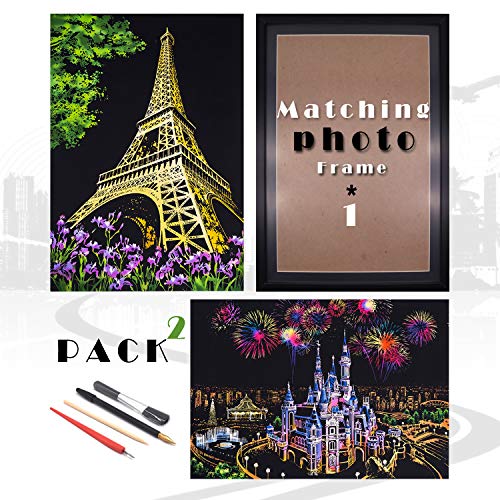 BOTEEN Scratch Painting Rainbow Paper by BOTEEN, Scratch DIY Art Craft City Series Night View Creative Gift, Scratchboard for Adults and Kids ,Craft Kits with 4 Tools&Photo Fram,Size:16''x11'' - Thumbnail 7