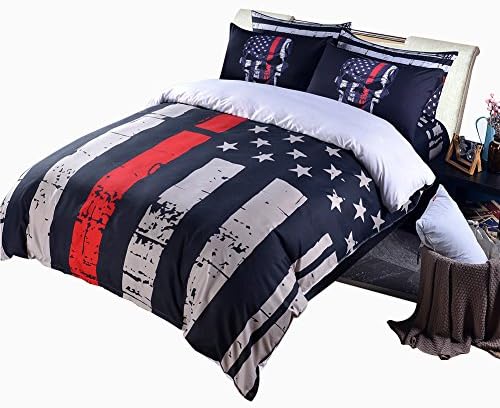 Rhap Quilts Cover Queen Size, American Flag Duvet Cover Set, 3pcs Bedspreads Queen Size Set, Red Black Valor Patriot Theme Digital Printed Quilt Cover Matching 2 Skull Pillowcases