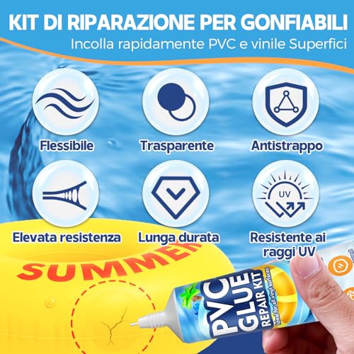 AAROVIBE Kit Riparazione Piscina con Toppe per Piscina – Colla PVC Trasparente, Impermeabile e a Rapida Asciugatura per Gonfiabili, Materassini, Letti ad Aria, Barche in PVC, Piscine, Tende (60ml)