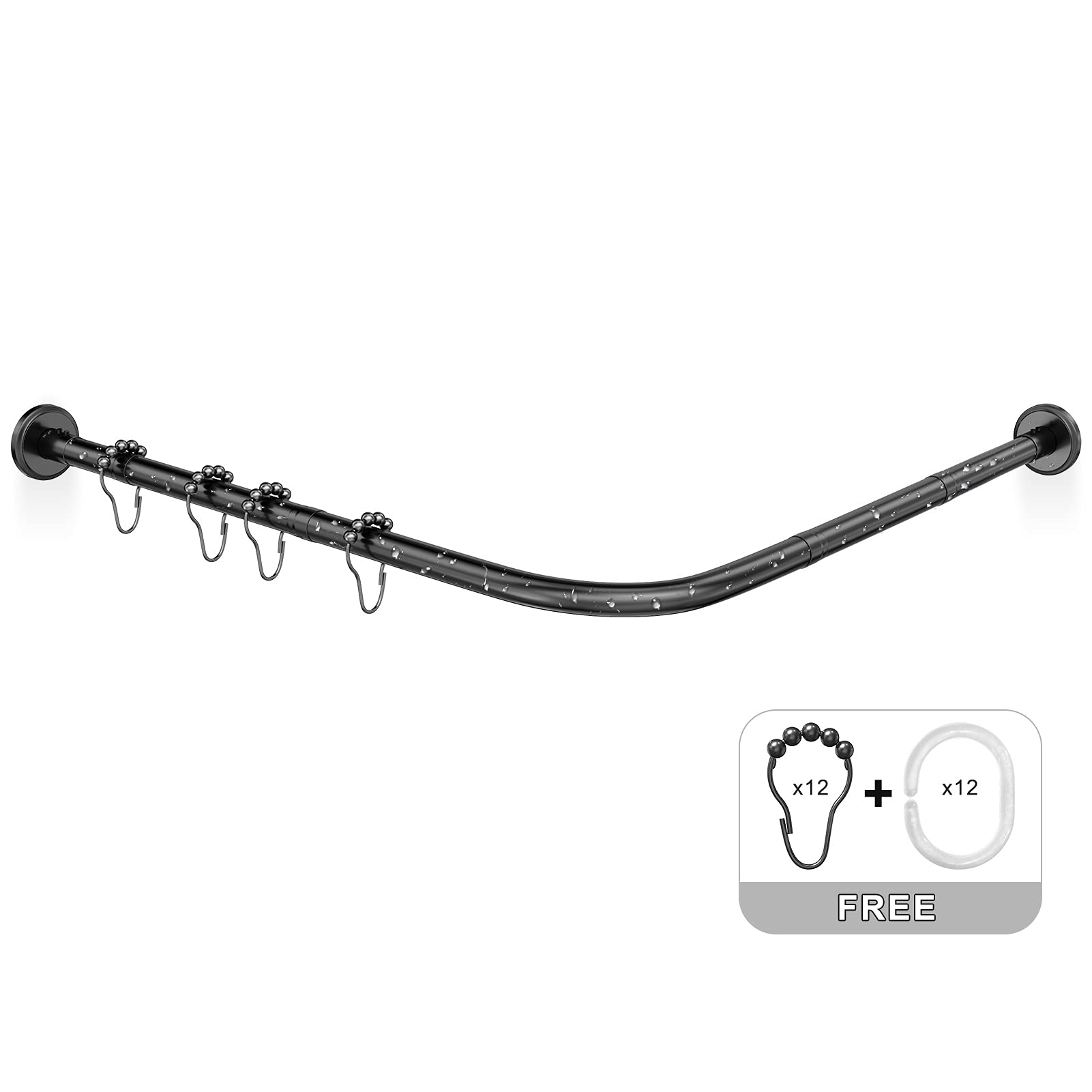 Misounda L Shaped Curved Shower Curtain Rods rails for Bath 70-100 x 110-170cm Stainless Steel Extendable Corner Shower Rails with 24 curtain rings,for Bathroom Bathtub Clothing Store Cloakrooms-Black