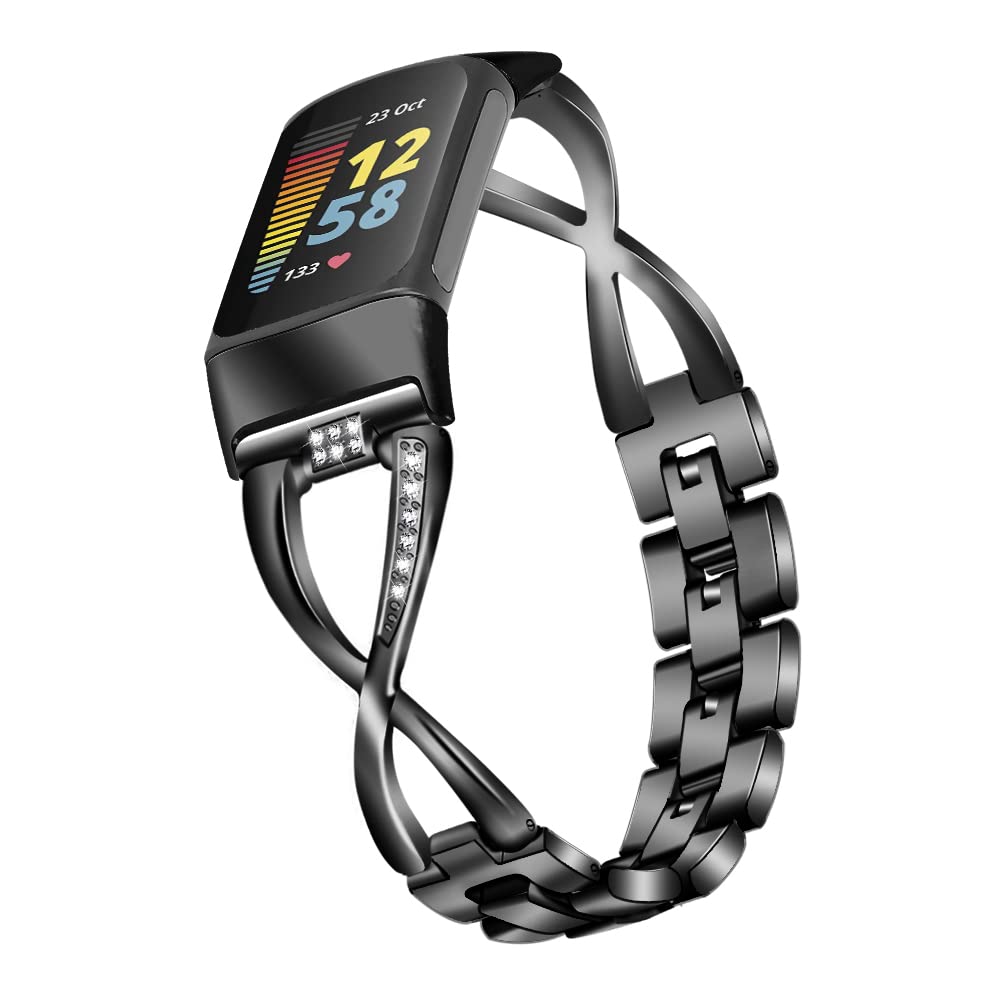Gimuk Compatible with Fitbit Charge 5 Band Strap Metal Stainless Steel Adjustable Bling Rhinestone Replacement Strap Wristbands for Women Girls Bracelet for Charge 5 Fitness Tracker (Black)
