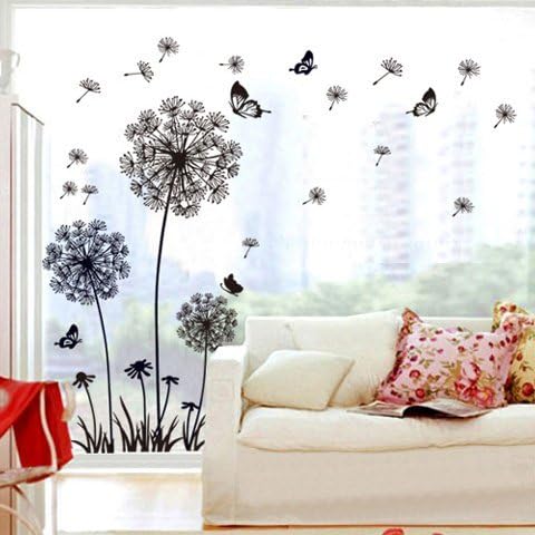 Theme Decal Dandelion Butterfly Removable Wall Stickers, 165 x 130 cm, Black