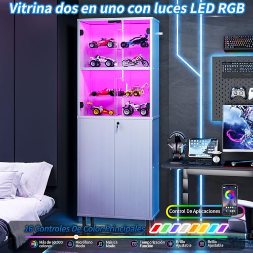 Simple Wisdom Vitrina Exhibidor,Vitrina con Puerta de Cristal y LED en la Parte Superior y Armario con Cerradura en la Parte Inferior,Librero Organizador,Archivero(Blanco, 182X60 CM)