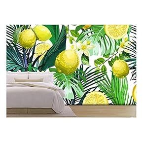 Vector - Seamless Pattern of Lemon, Flowers and Tropical Leaves on a White Background. - Removable Wall Mural | Self-Adhesive Large Wallpaper - 66x96 inches